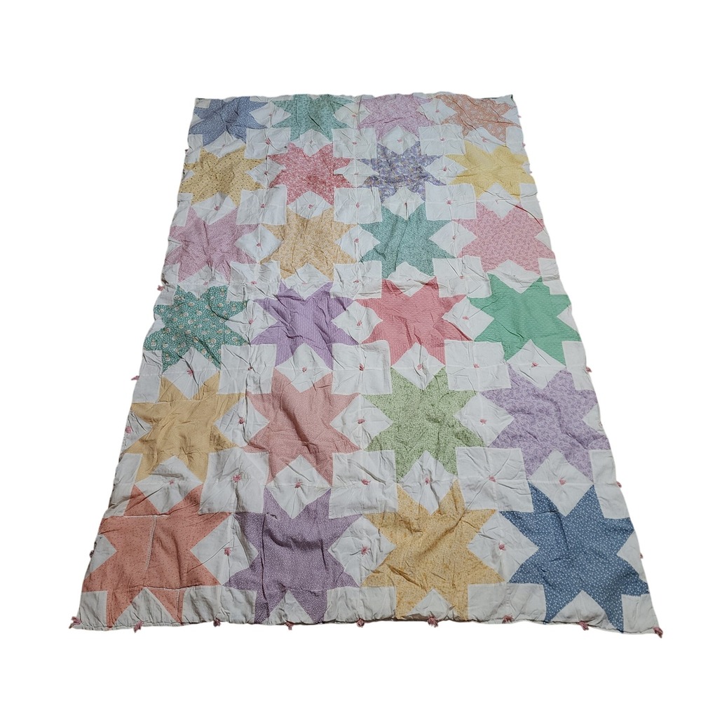 Handmade Twin Multicolor Pastel Star Patchwork Quilt Cottagecore Farmhouse Decor